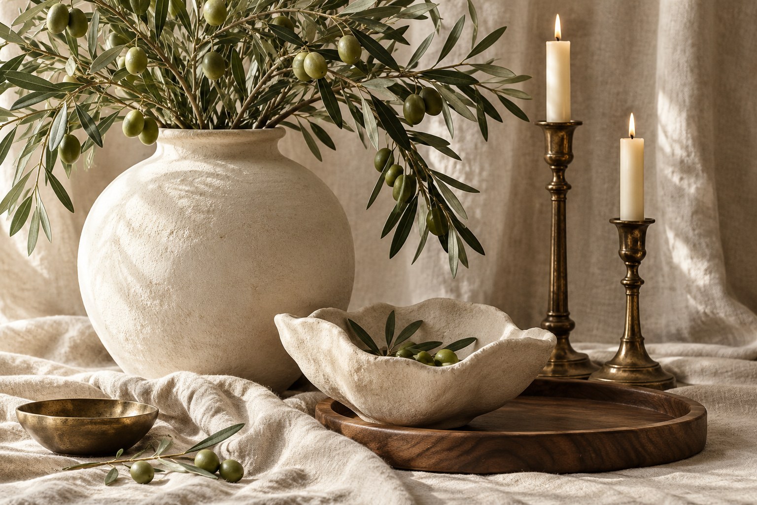 A curated still life of ceramic vessels, brass candleholders and decorative accents