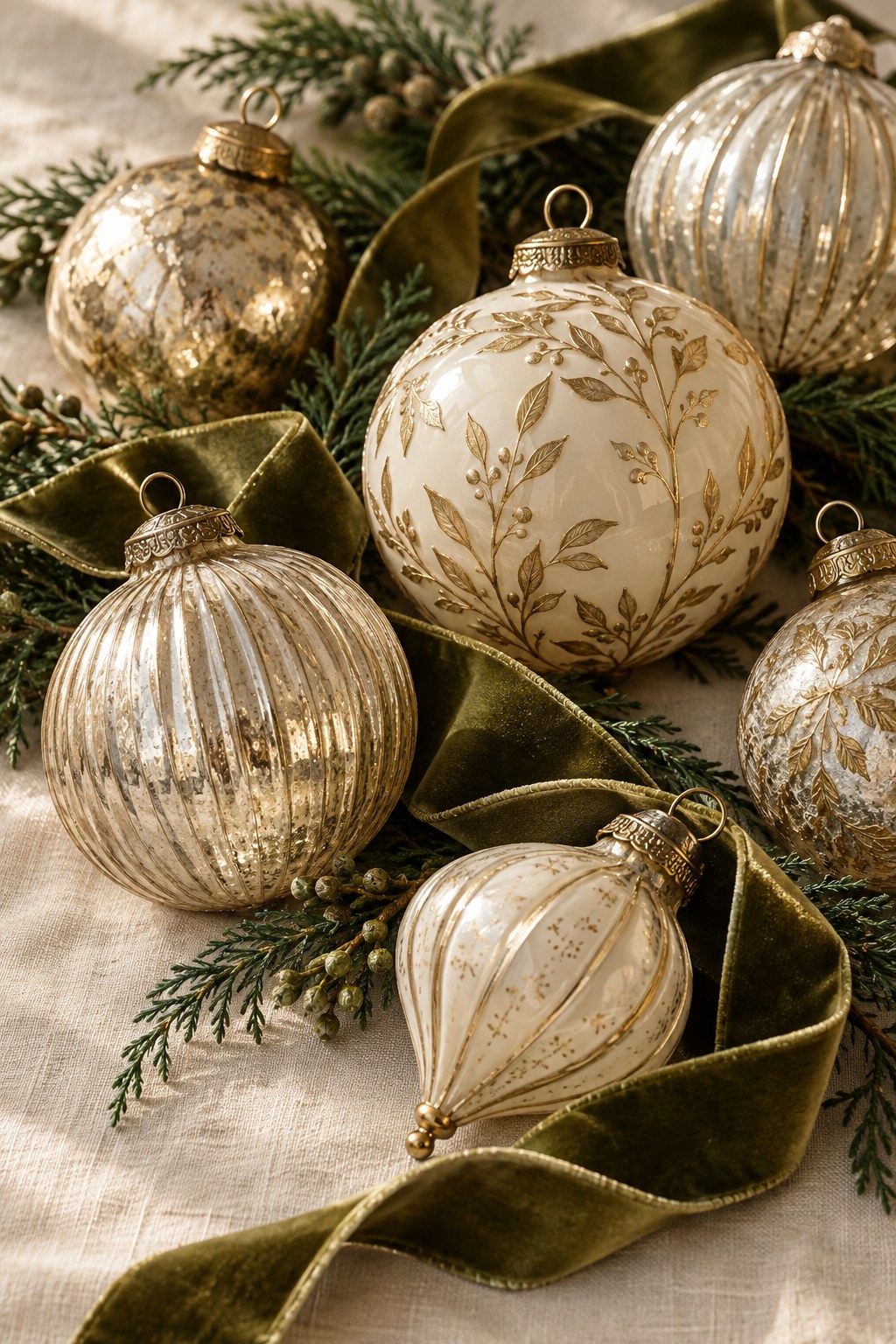 Ivory and gold ornaments with ribbon and greenery